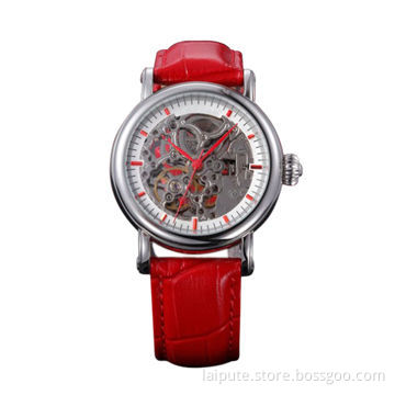 Automatic women wristwatch with genuine leather band